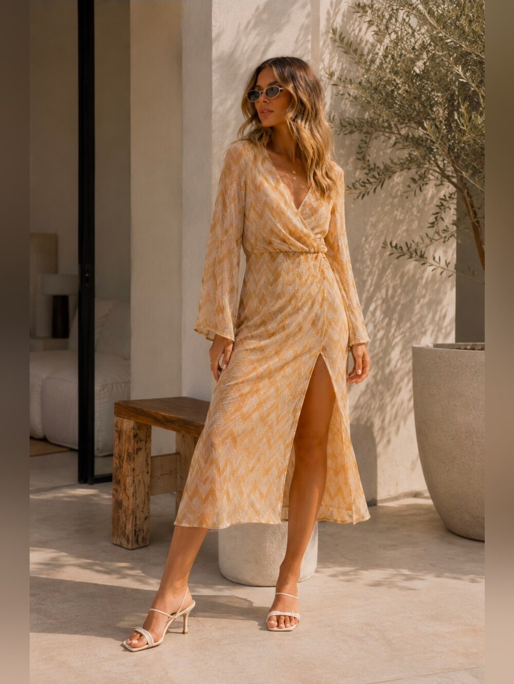 House of Harlow 1960 X REVOLVE Liza Midi Dress Wrap‎ SMALL Chevron Mustard Cream